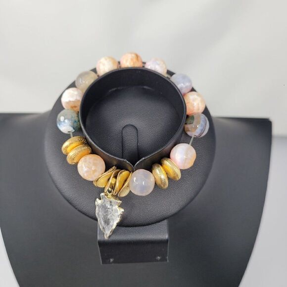 Tourmaline Pastel Beaded Stretch Bracelet Quartz Arrowhead Pendant Healing Gift - Picture 11 of 12